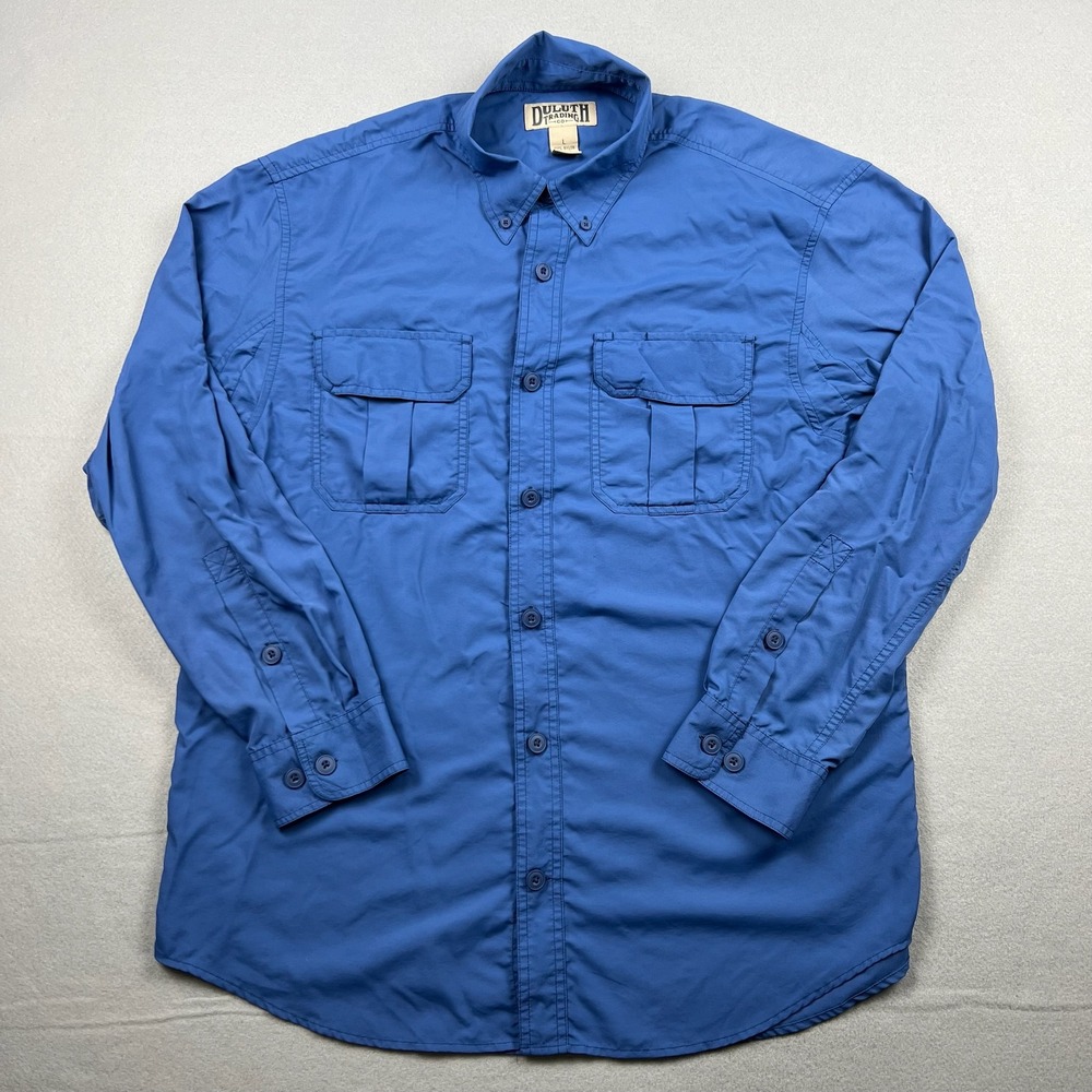 Duluth Trading Co Men's Large Blue Nylon Long Sleeve Button Down Utility Shirt